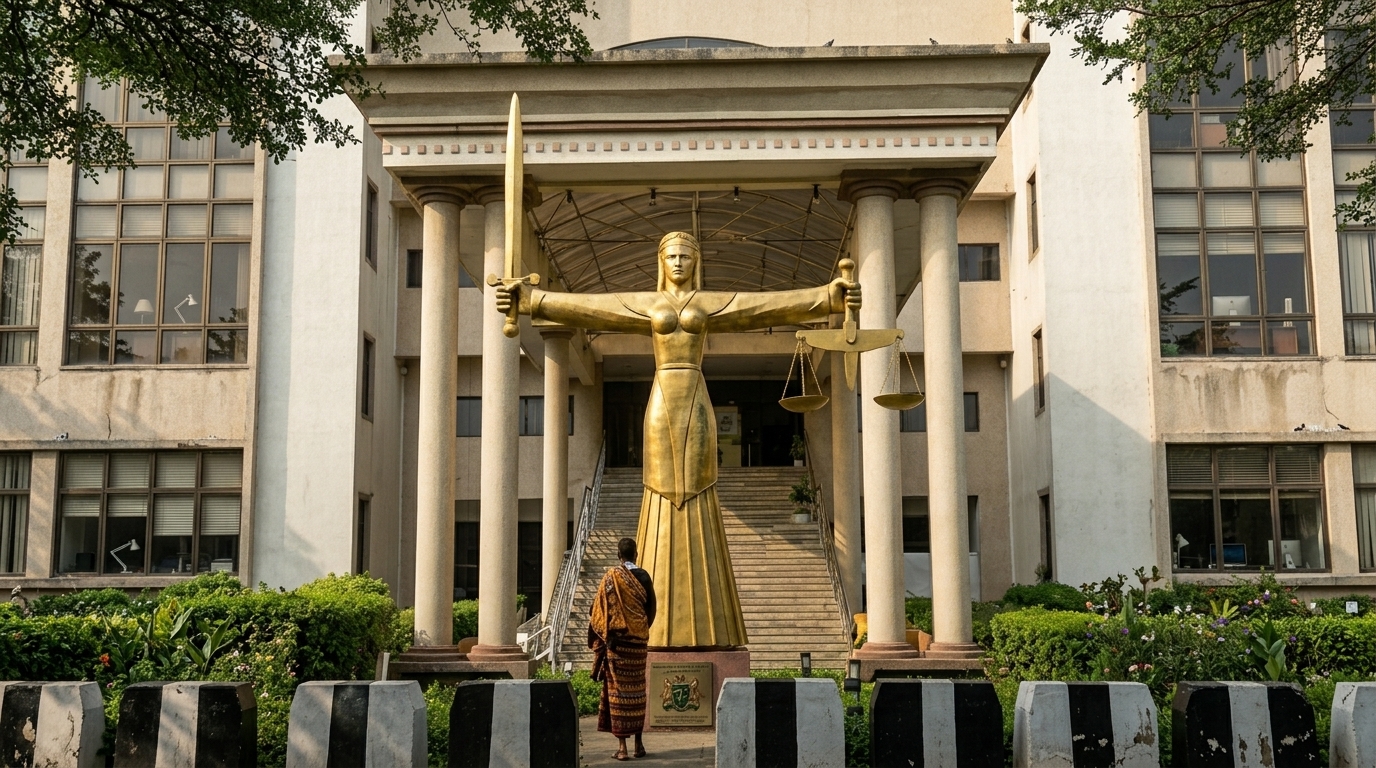 Nigerian courthouse façade with a golden Lady Justice statue
